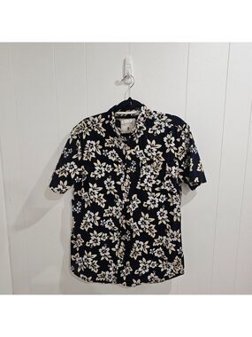 Mens Floral Short Sleeve Button Down Shirt Black White Sz L Summer, Vacation,